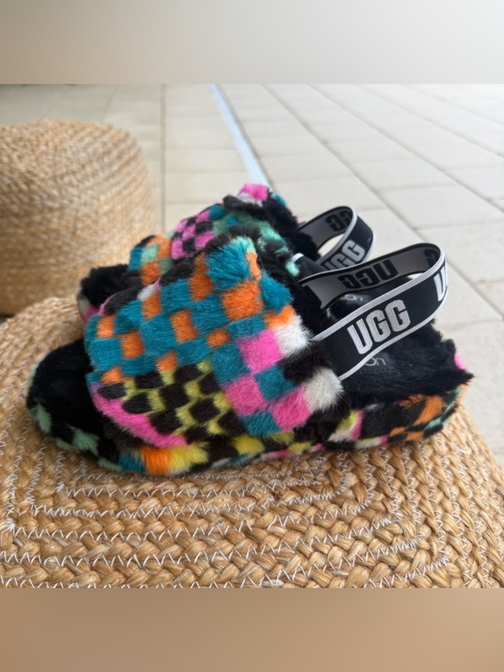 UGG Multicolor Checkered Shearling Slide with Branded Strap